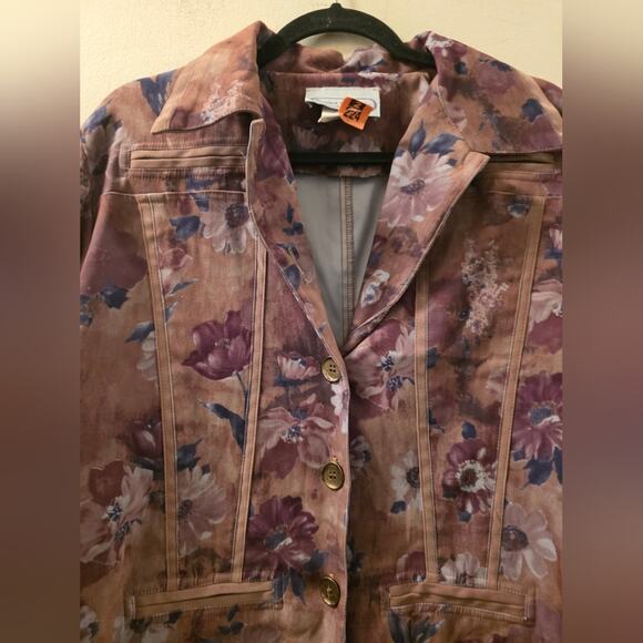 Vtg Velvet Floral Button Front Blazer Jacket Faux Suede Brown/Green Womens L USA - Picture 6 of 9